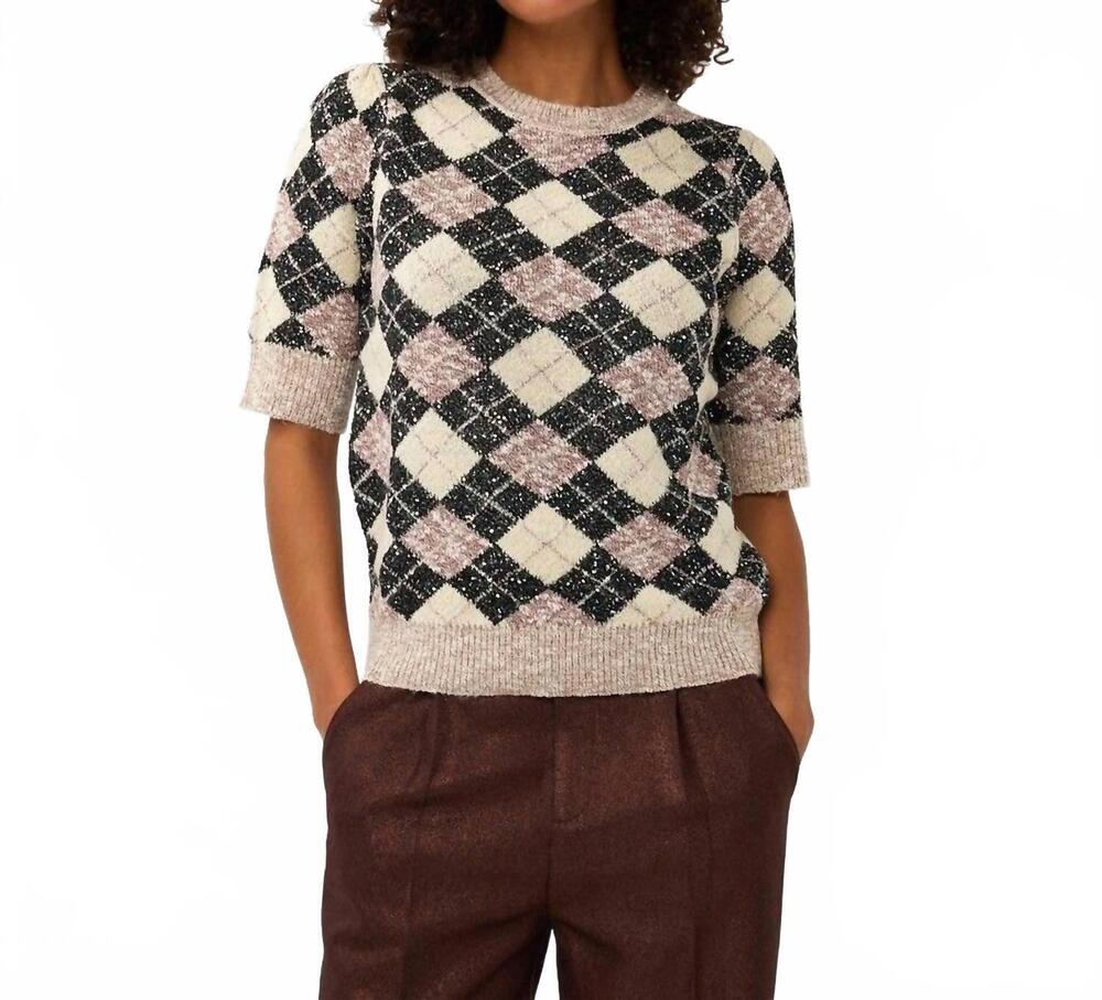NEW ESQUALO ylvi short sleeve argyle sweater in multi